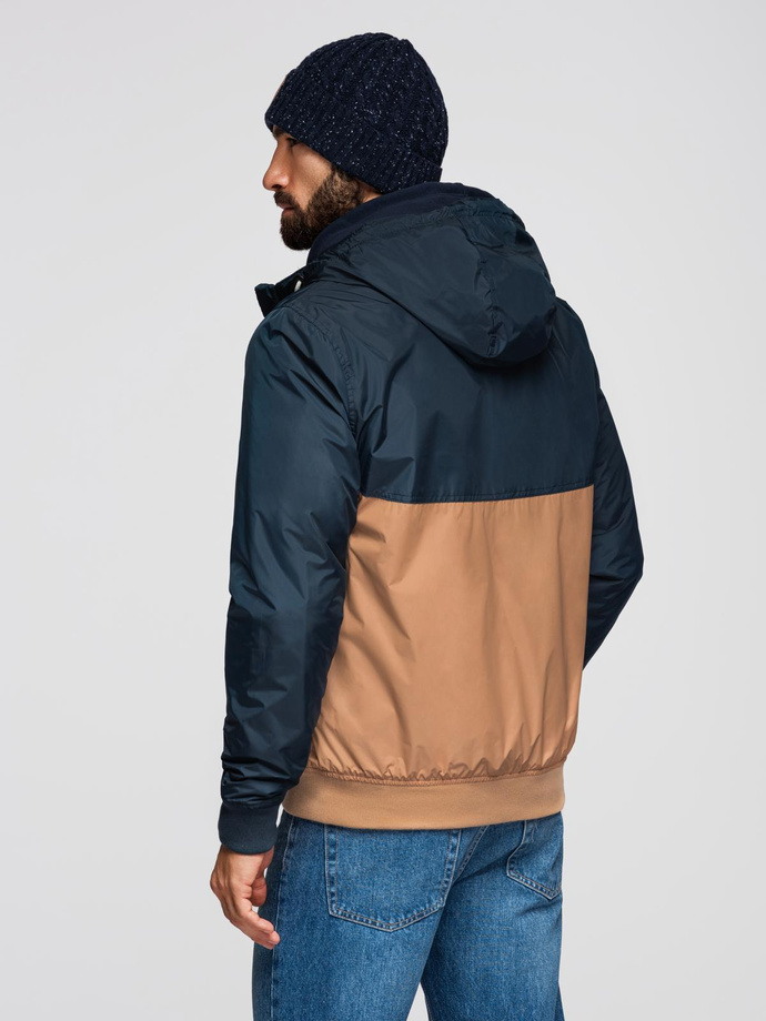 Lekka kolorowa męska kurtka sportowa z polarem – brązowo-granatowa V1 OM-JANP-0194