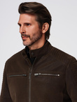 Men's stylish eco leather biker jacket with collar - dark brown V1 C637