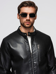 Men's faux leather jacket with ribbed bottom hem - black V2 OM-JAFL-0109