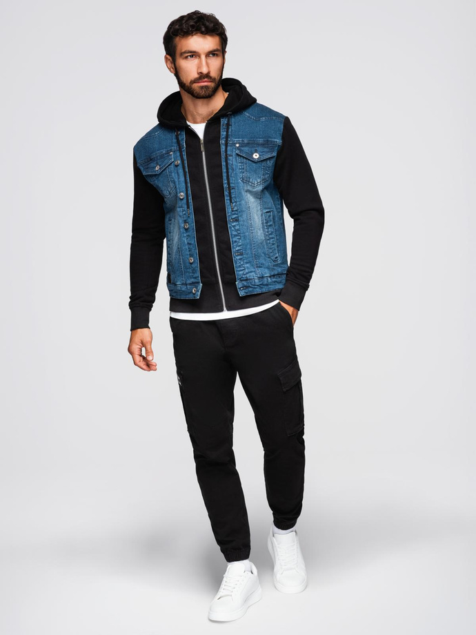 Men's denim jacket with knitted sleeves and hood - blue and black V2 OM-JADJ-0220