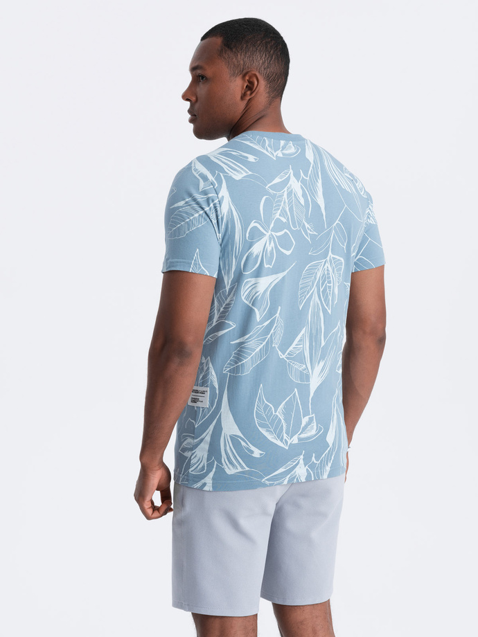 Men's full-print t-shirt with contrasting leaves - blue V2 OM-TSFP-0180