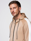Unzipped men's hooded sweatshirt with piping - beige V4 OM-SSZP-0210
