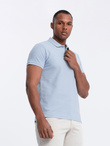 Jednokolorowa koszulka polo męska BASIC z dzianiny pique - niebieski denim V17 OM-POBS-0100