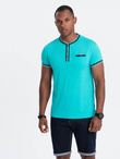 T-shirt męski henley ozdobnymi ściągaczami - turkusowy V7 OM-TSCT-0175
