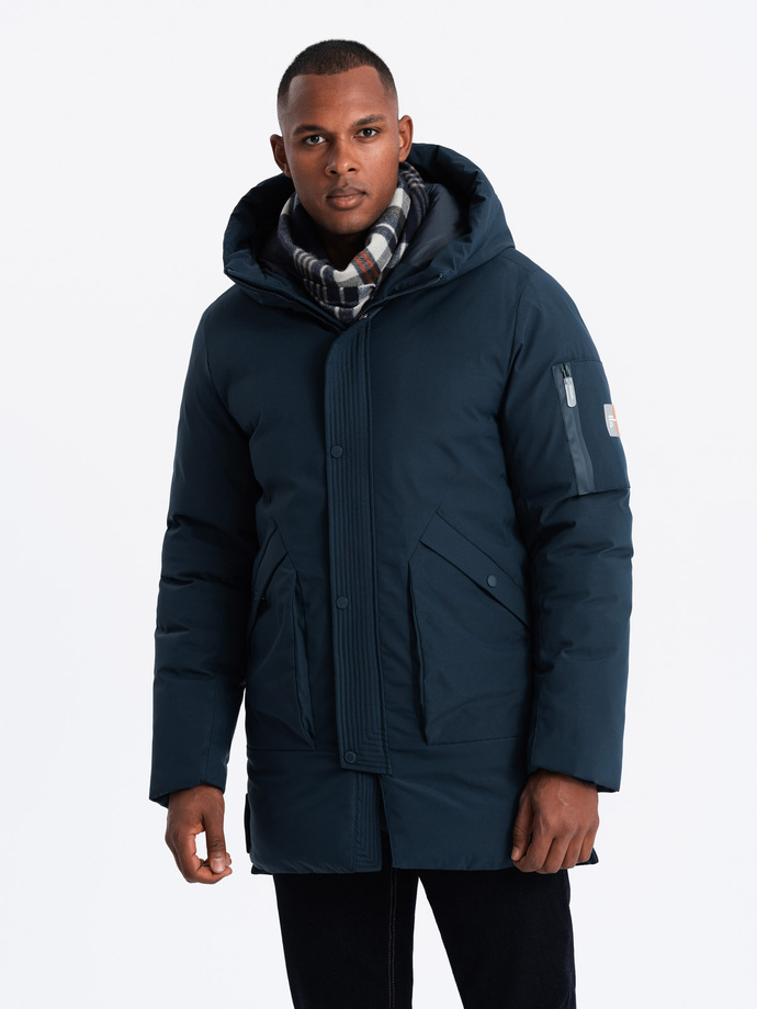 Długa sezonowa kurtka męska w stylu outdoorowym – granatowa V2 OM-JALJ-0202