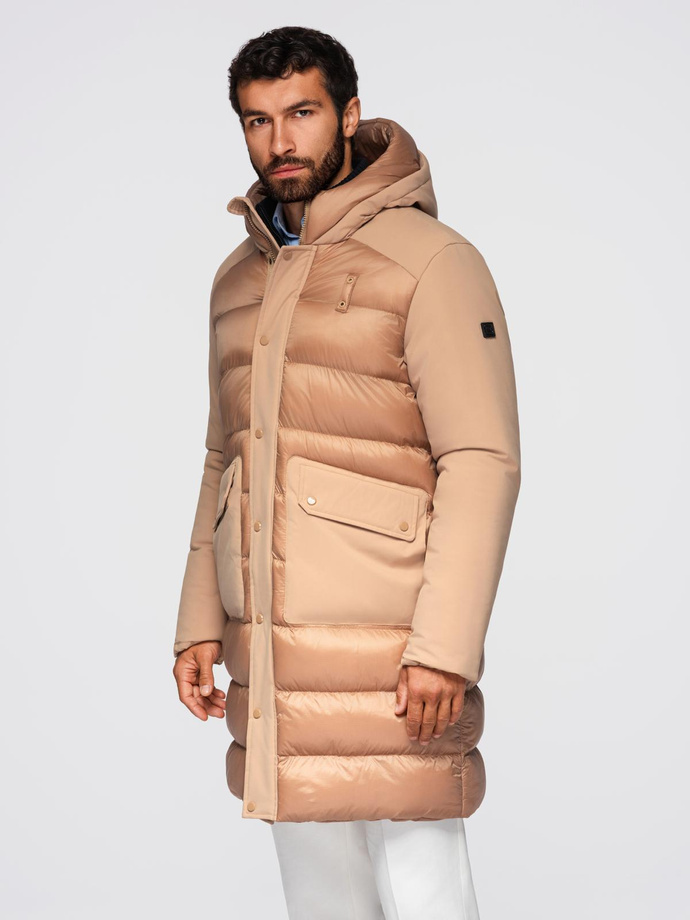 Men's long quilted jacket with large pockets - beige V2 OM-JALJ-0308