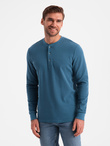 Longsleeve męski z dzianiny waflowej zapinany pod szyją – niebieski denim V4 OM-LSCL-0120
