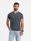 Men's T-shirt with unbuttoned round henley neckline - navy blue V5 OM-TSCT-0155