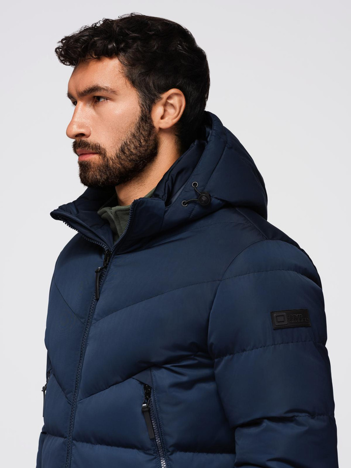 Men's jacket with asymmetrical quilting and hood - navy blue V4 OM-JAHP-0304