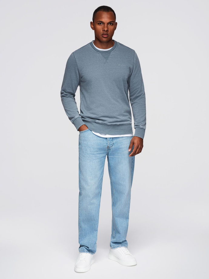 Washed men's sweatshirt with decorative stitching at the neckline - light blue V3 OM-SSDS-0131