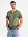 Bawełniany męski t-shirt V-neck z dzianiny z efektem sprania - oliwkowy V9 OM-TSWT-0242