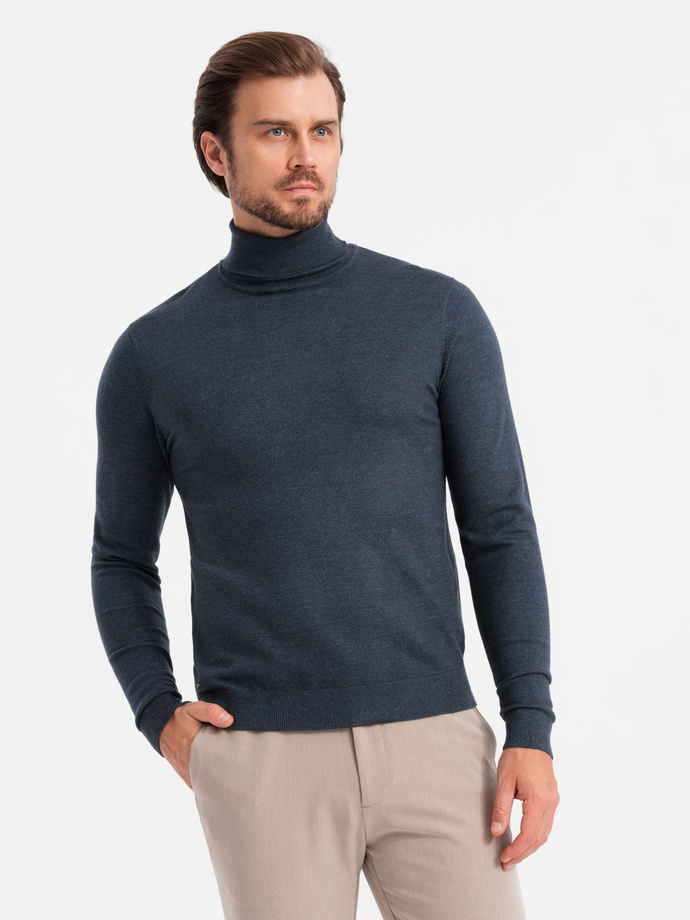 Men's knitted turtleneck with viscose - navy blue V4 OM-SWTN-0127 