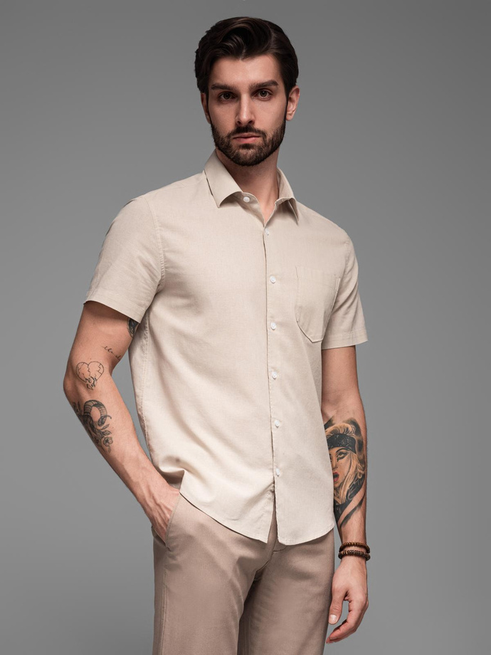 Men's short-sleeved linen-cotton shirt with pocket - beige V4 OM-SHSS-0167