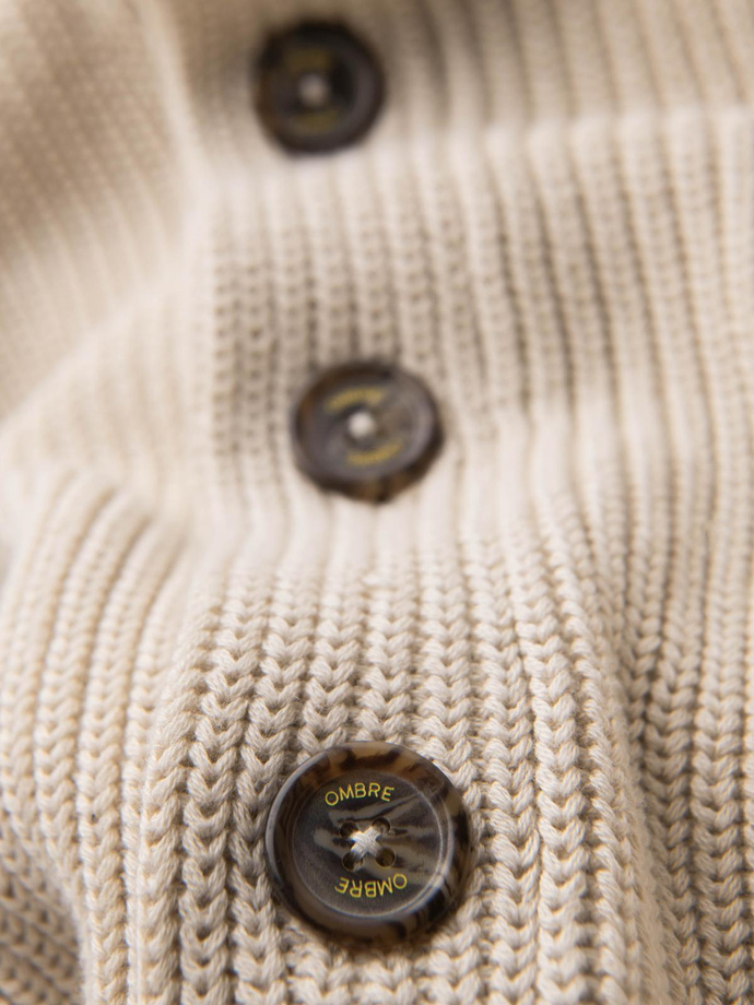 Bawełniany sweter męski kardigan z szalowym kołnierzem - beżowy V2 OM-SWCD-0153