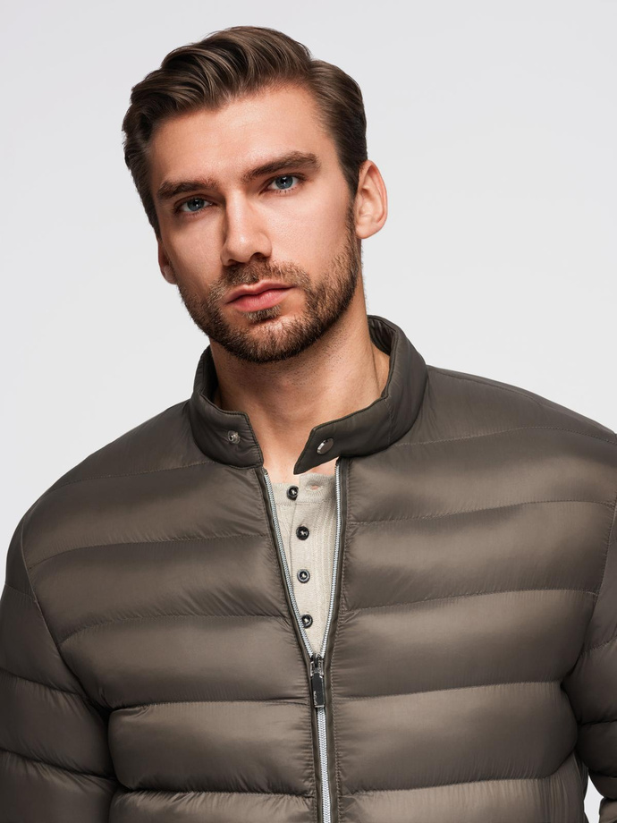 Men's imitation leather jacket with ribbed hem - dark brown V1 OM-JAFL-0109