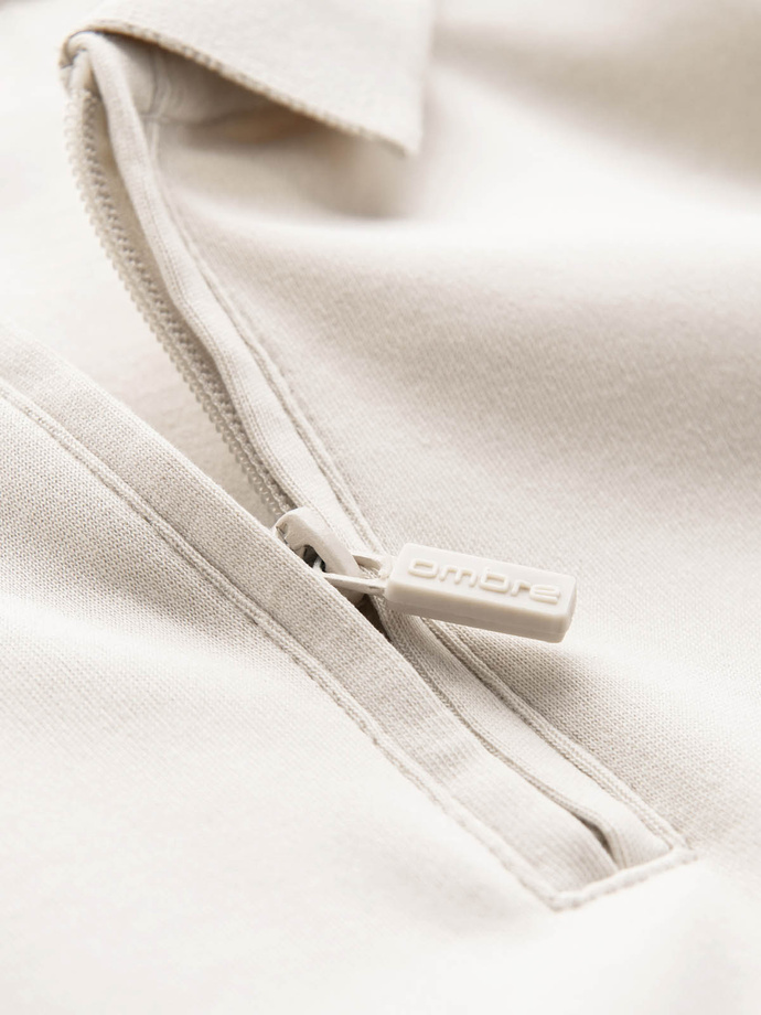 Longsleeve męski polo z zapinanym na zamek kołnierzykiem – kremowy V3 OM-POLS-0130