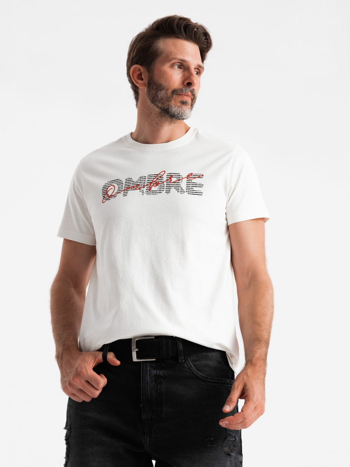 Bawełniany męski t-shirt z podwójnym printowanym logotypem – biały V1 OM-TSPT-0211 