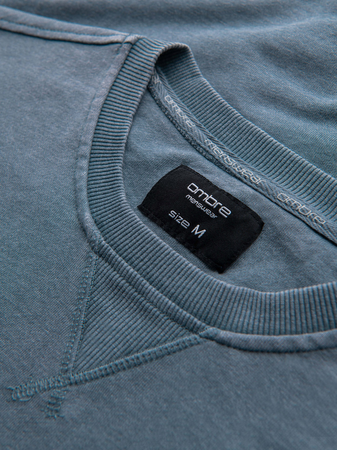 Washed men's sweatshirt with decorative stitching at the neckline - light blue V3 OM-SSDS-0131
