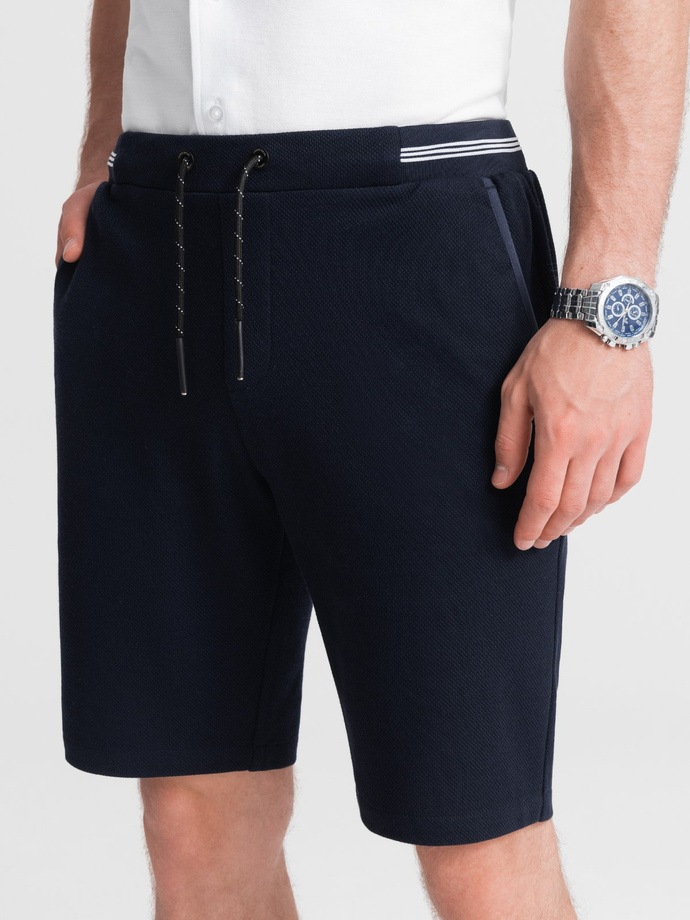 Men's knitted shorts with decorative elastic waistband - navy blue V1 OM-SRCS-0110