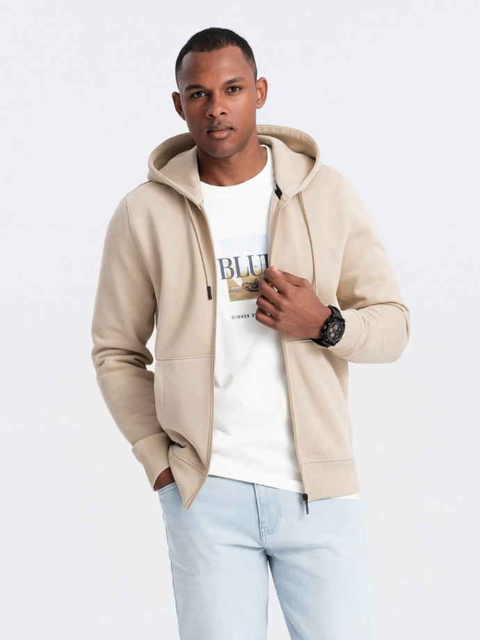 Rozpinana męska bluza dresowa BASIC – beżowa V6 OM-SSBZ-0160