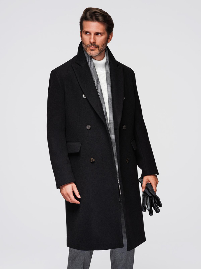 Men's coat with asymmetrical fastening and high collar - light brown V4 OM-COWC-0120