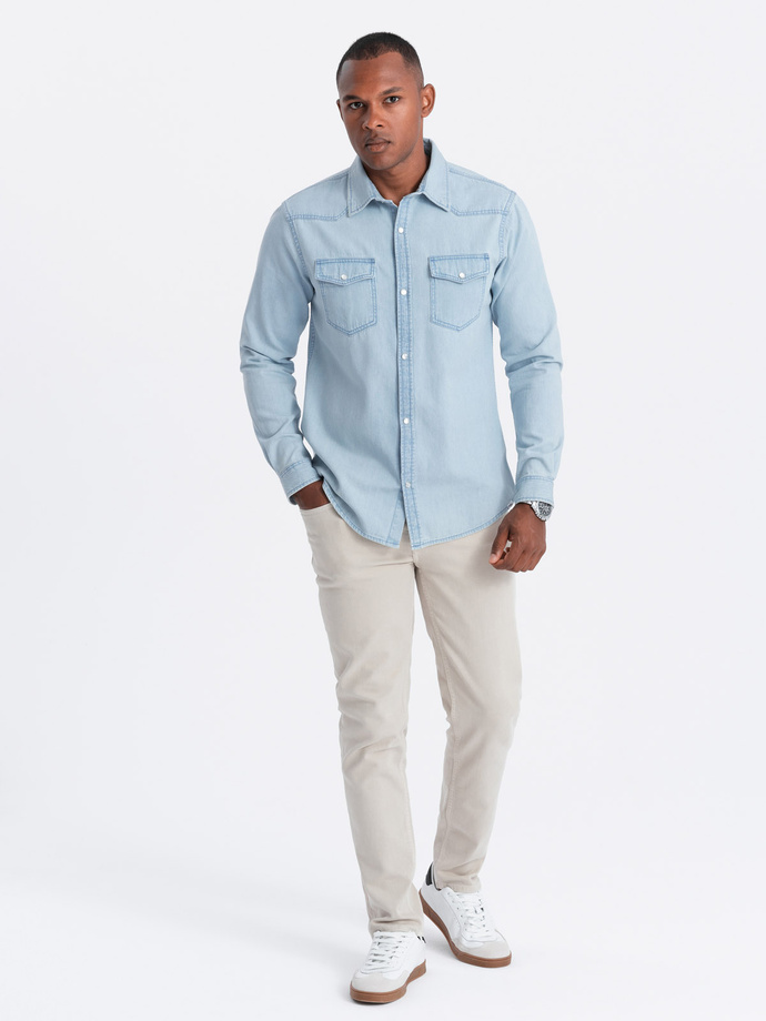 Men's denim snap shirt with pockets - light blue V1 OM-SHDS-0115