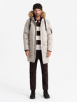 Men's long warm parka jacket with hood - beige V5 OM-JALJ-0182
