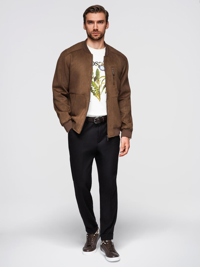 Men's imitation leather jacket with ribbed hem - dark brown V1 OM-JAFL-0109