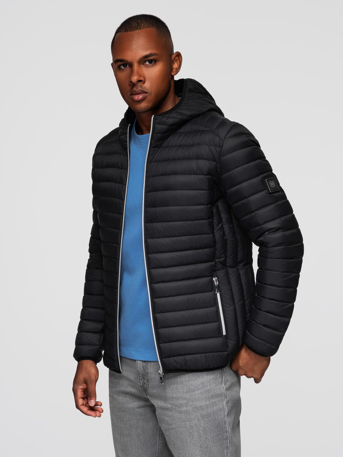 Men's quilted jacket with combined materials and hood - navy blue V3 OM-JALJ-0266
