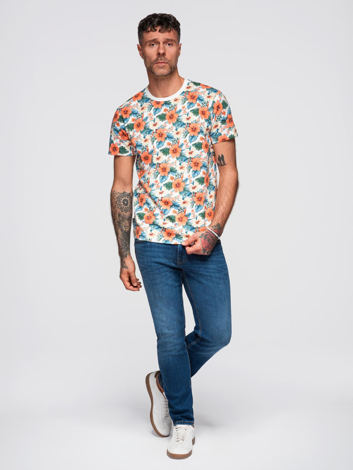 Men's cotton t-shirt with floral full print pattern - white V1 OM-TSFP-0249