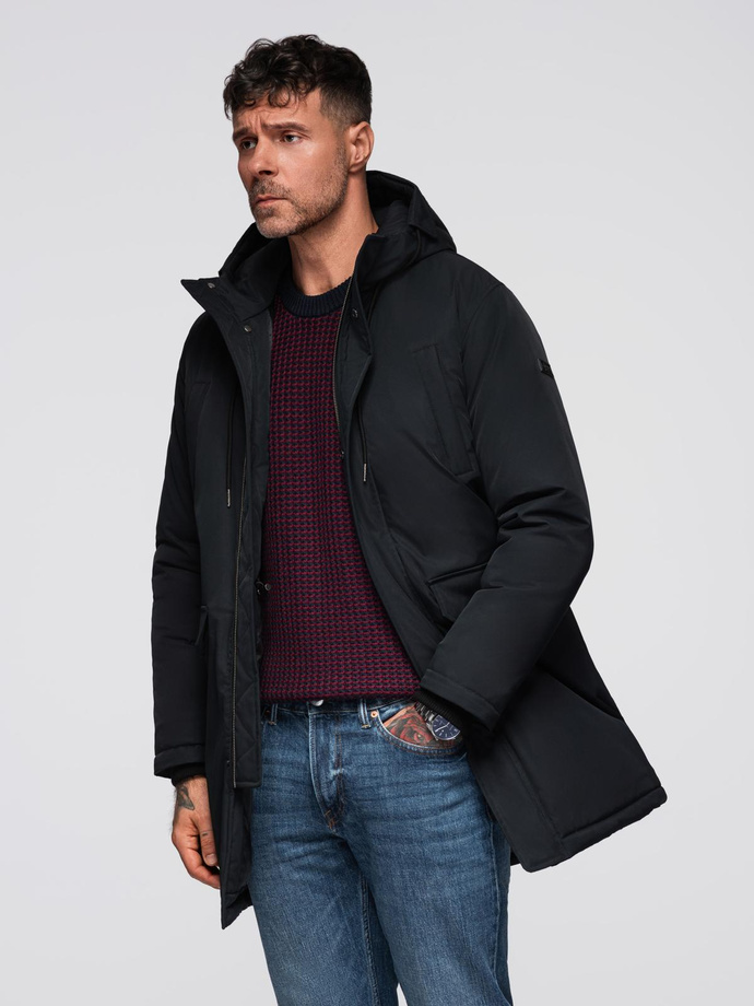 Men's faux leather jacket with ribbed bottom hem - black V2 OM-JAFL-0109