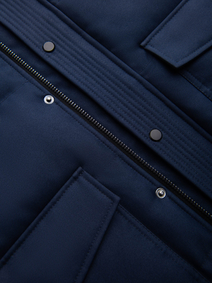 Men's long warm parka hooded jacket - navy blue V1 OM-JALJ-0182