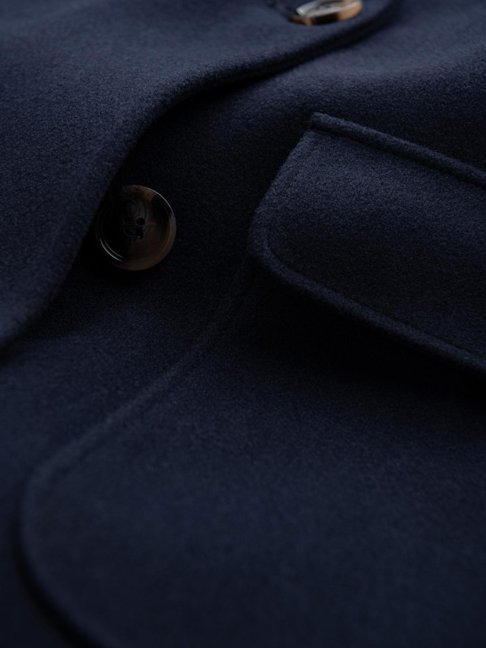 Dwurzędowy męski płaszcz z ozdobnymi guzikami – indygo V1 OM-COWC-0109