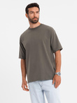 T-shirt bawełniany męski LOOSE FIT z okrągłym dekoltem – ciemnooliwkowy V7 OM-TSBC-0234