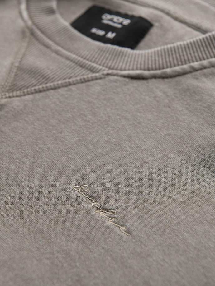 Washed men's sweatshirt with decorative stitching at the neckline - beige V2 OM-SSDS-0131