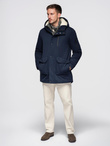 Men's long parka jacket with sheepskin - navy blue V2 OM-JAPJ-0316