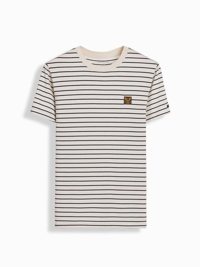 Men's striped t-shirt with patch by Ombre Design - cream and black V1 OM-TSCT-0183