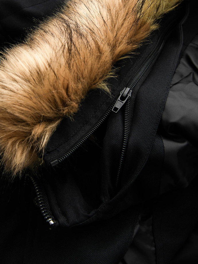 Men's long warm parka jacket with hood - black V2 OM-JALJ-0182