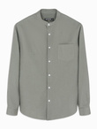 Men's linen shirt with stand-up collar and pocket REGULAR FIT - khaki V6 OM-SHCS-0161