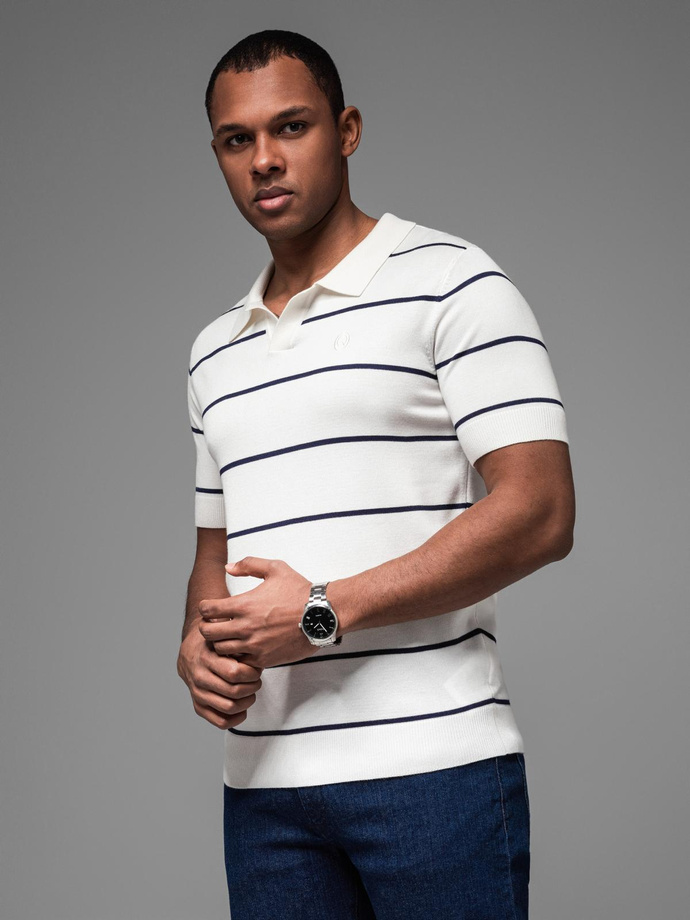 Men's horizontal striped viscose polo shirt - white and navy V2 OM-POSS-0145