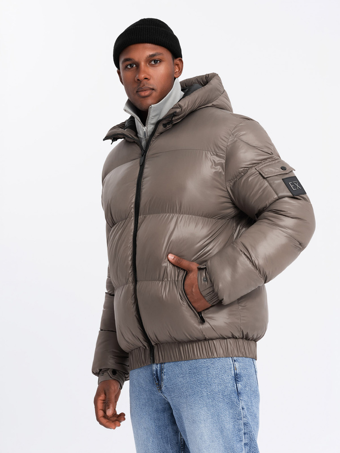Ciepła męska kurtka puffer ze ściągaczami – ciemnobeżowa V3 OM-JAHP-0207