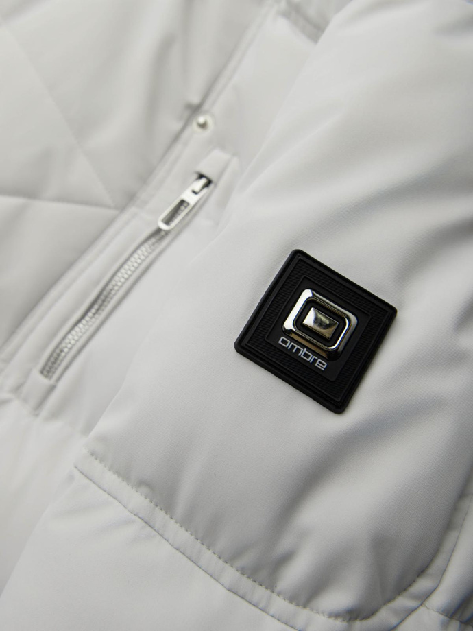 Pikowana kurtka męska o kroju ramoneski z kapturem - jasnoszara V4 OM-JAHP-0252