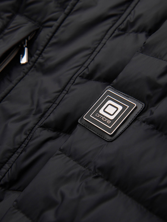 Men's quilted jacket with combined materials and hood - navy blue V3 OM-JALJ-0266