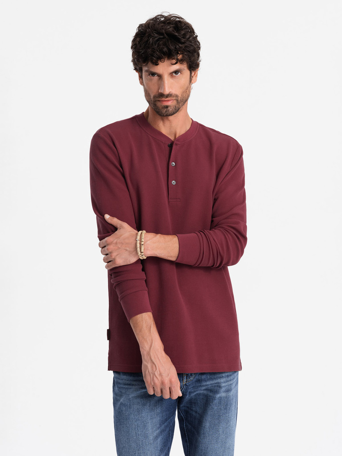 Button up neck men's waffle knit longsleeve - maroon V2 OM-LSCL-0120