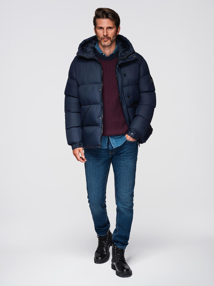Men's quilted jacket with high zipped hood - navy blue V2 OM-JAHP-0238