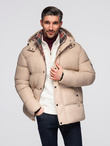 Men's puffer jacket with check lining - beige V2 OM-JAHP-0205