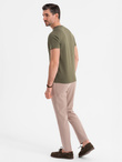 Men's T-shirt with button neckline and suede trim - dark olive V5 OM-TSCT-0206