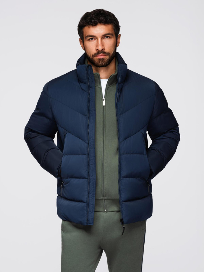 Men's jacket with asymmetrical quilting and hood - navy blue V4 OM-JAHP-0304