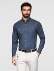 Men's linen shirt with classic collar and pockets REGULAR FIT - blue V4 OM-SHCS-0134