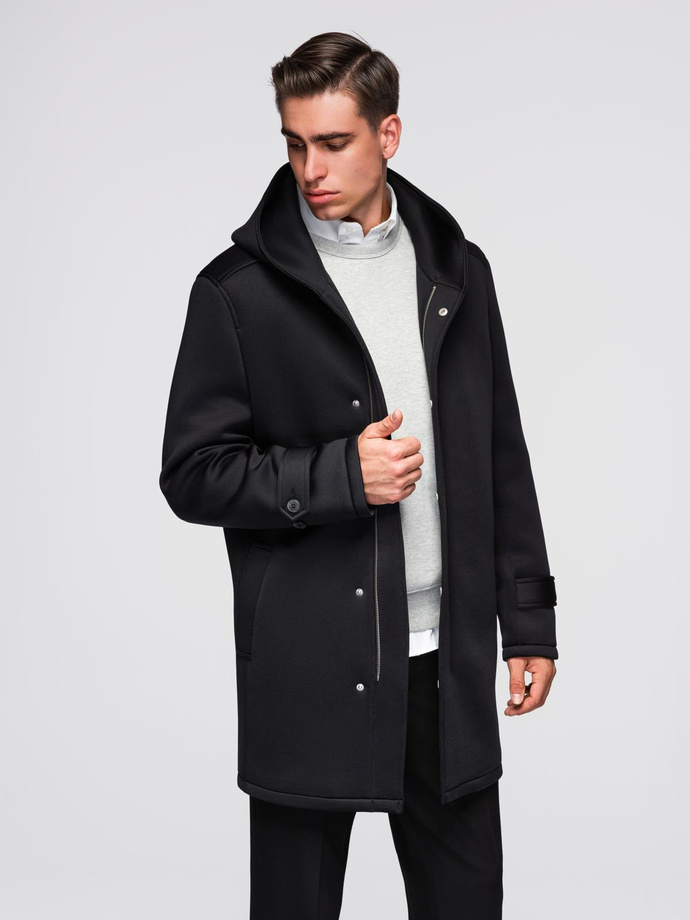 Men's insulated coat with hood and concealed zipper - black V1 OM-COWC-0110